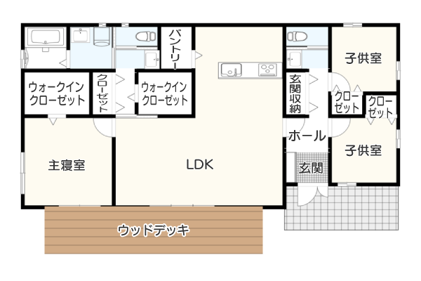 【3LDK】30坪・アイランドキッチンとパントリーがあるI型の平屋間取りプラン