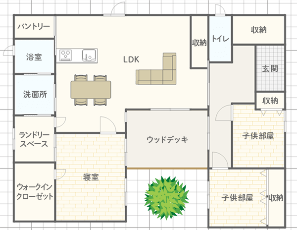 【3LDK】32坪・コの字型で中庭・ウッドデッキがある平屋の間取りプラン