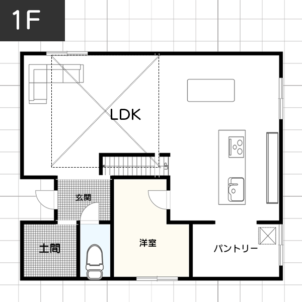 キッチン横に設置したウォークインタイプのパントリー（2畳）　間取り図