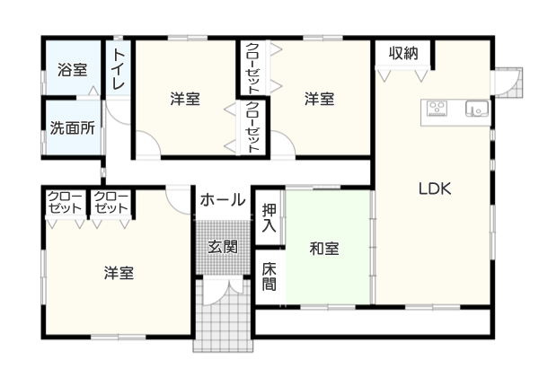 【1,500万～2,000万円以下】30坪の平屋向けおすすめ間取り：4人暮らしにおすすめ　間取り図