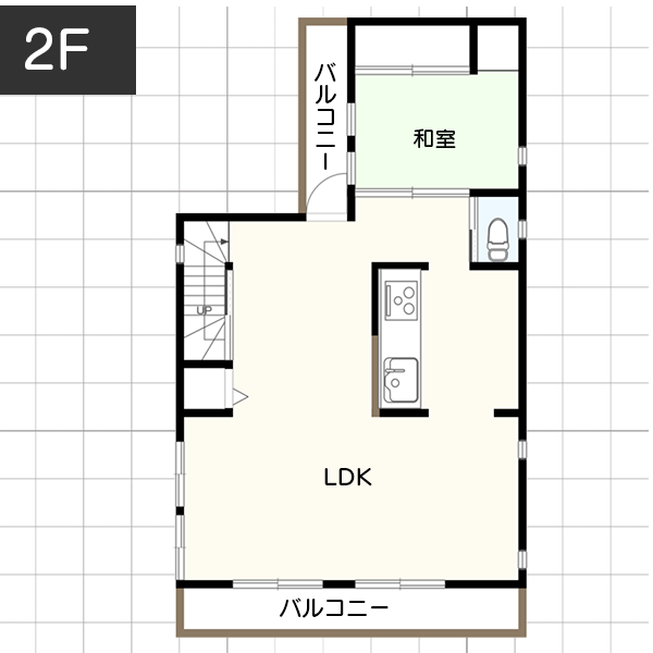 【20坪台】リビングに「お料理を楽しめる広々としたキッチンで暮らす」間取り　2階　例