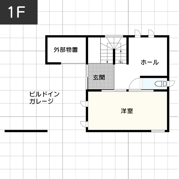 【30坪台】「自然光がたっぷりと差し込むリビングで暮らす」間取り　1階　例