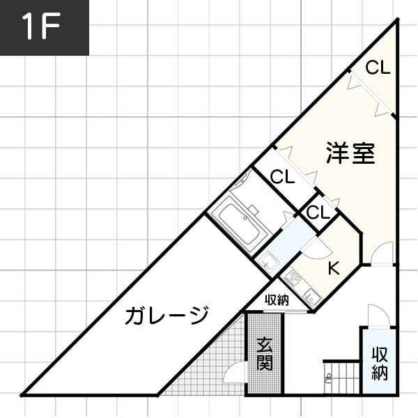 敷地面積33坪の三角地に作った狭小住宅　1F　間取り図