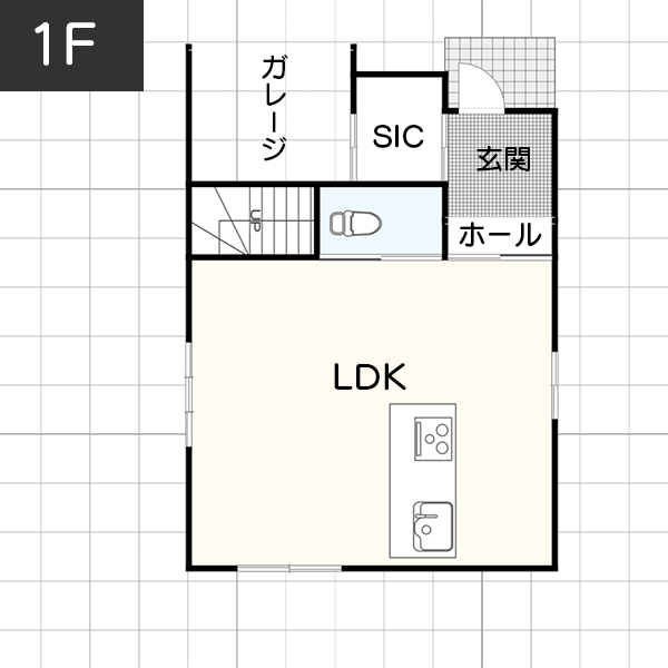 縦のスペースを活用した「吹き抜けの間取り」　1F　間取り図