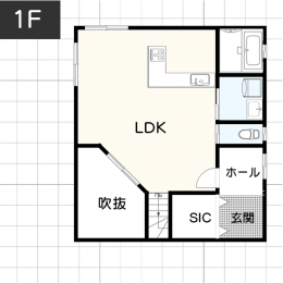 2階建てでも家族の距離感が近くなる「吹き抜けの間取り」　1F　間取り図