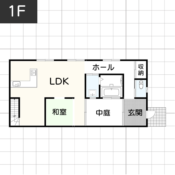 ワンランク上のデザイン性が高い「吹き抜けの間取り」　1F　間取り図