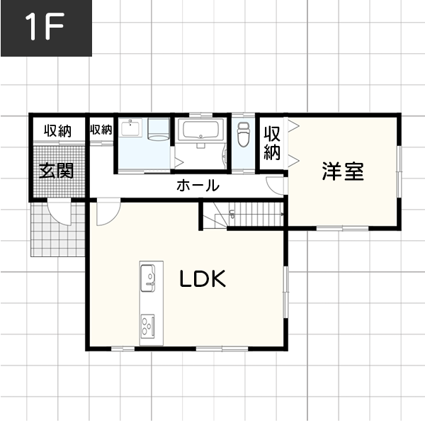 吹き抜けとリビング階段を組み合わせた「吹き抜けの間取り」　1F　間取り図