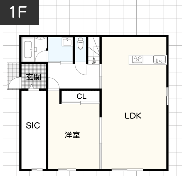 【2階建て42坪】車イスでもばっちり！開放感のある広々間取り例　間取り図　1階