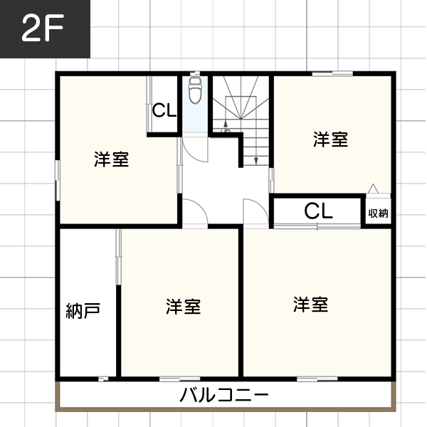 【2階建て42坪】車イスでもばっちり！開放感のある広々間取り例　間取り図　2階