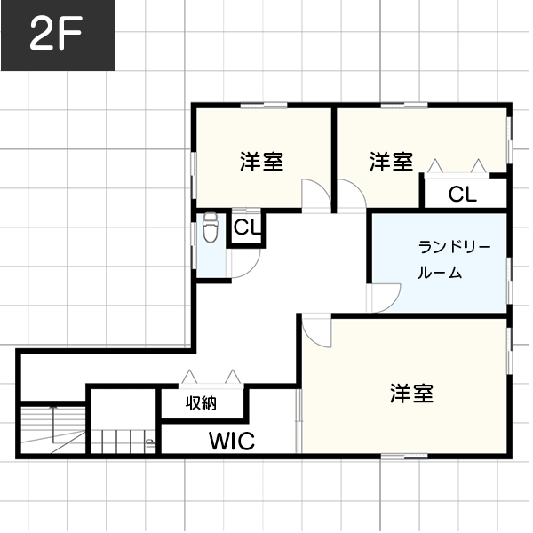 【2階建て35坪】玄関からすぐに洗面所！自立がしやすい優しさ間取り例　間取り図　2階