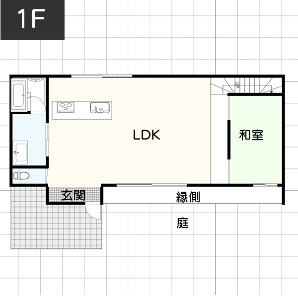 【2階建て36坪】廊下が少なく、通風も良好！光溢れる爽やかな間取り例　間取り図　1階