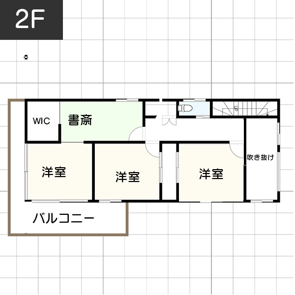 【2階建て36坪】廊下が少なく、通風も良好！光溢れる爽やかな間取り例　間取り図　2階