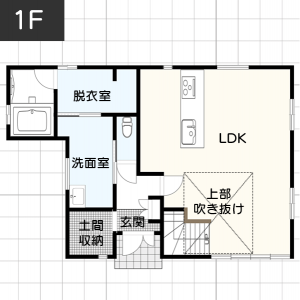 【2～4人】開放感のある吹き抜けがある2LDKの間取り1階