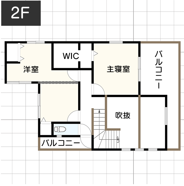 【3人暮らし】子どもの成長を見守りながら、スマートな子育てができる間取り　例　間取り図　2階