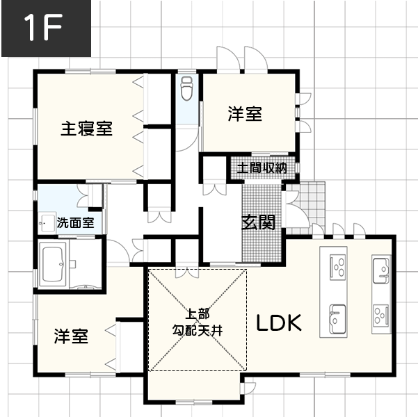 【3～4人】高天井で広い空間を演出する平屋3LDKの間取りイメージ