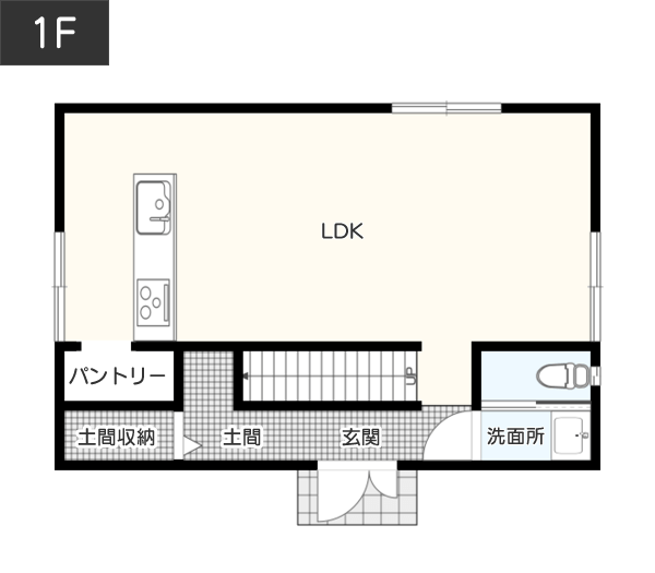 土間を収納庫とひと続きのスペースにした間取り例1F