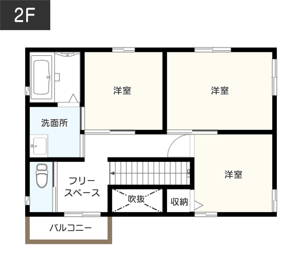 土間を収納庫とひと続きのスペースにした間取り例2F