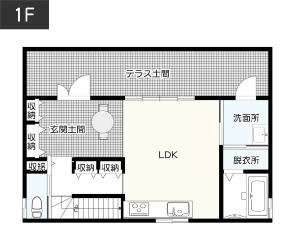 開放感が心地良い！玄関土間のある間取り例1F