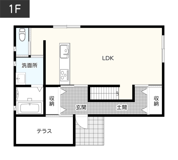 土間をインナーテラスとして広めのスペースに活用した間取り例1F