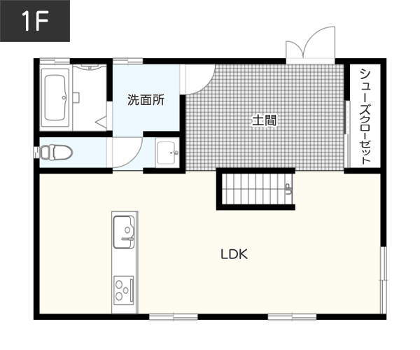 土間でリビングがより広く見える間取り例1F