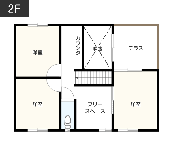 土間でリビングがより広く見える間取り例2F