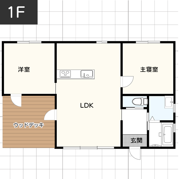 【ウッドデッキが印象的】20坪平屋のおすすめ間取り例