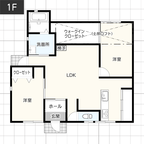 【ウォークインクローゼットの上にロフト設置】20坪平屋のおすすめ間取り例