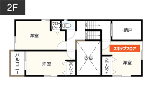 キッチン・ダイニングをスキップフロアにした間取り　2F　間取り図