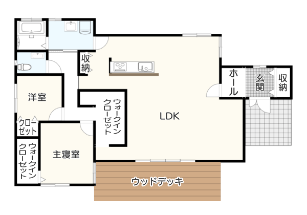 【2LDK】22坪・リビングがウッドデッキとつながる平屋間取りプラン