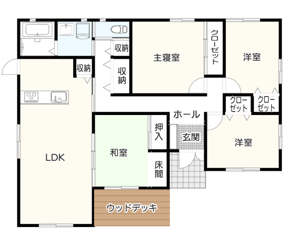 【4LDK】30坪・ウッドデッキと和室がつながる平屋間取りプラン