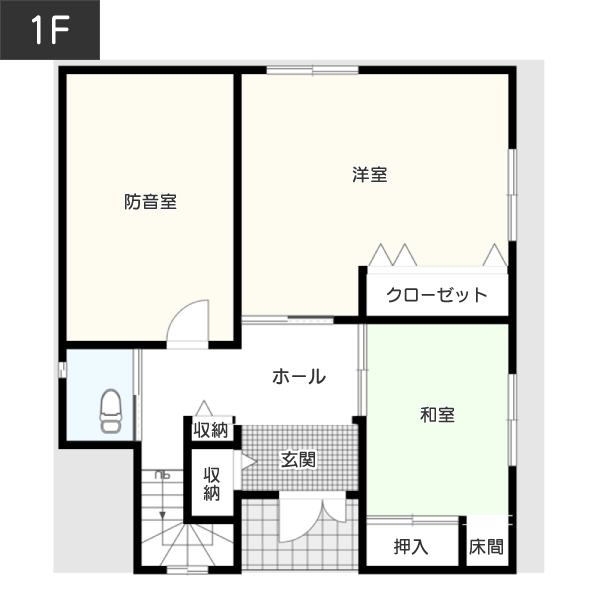 【40坪台】家族や友人と音楽を楽しめる防音室がある間取り 1F