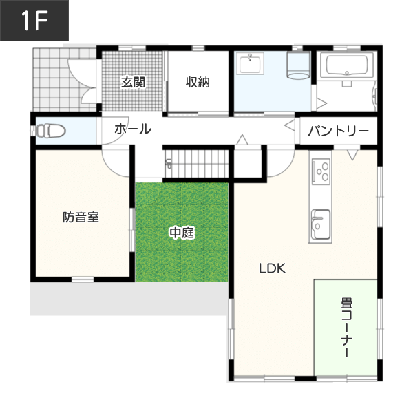 【30坪台】玄関からそのまま入れる音楽教室がある間取り 1F