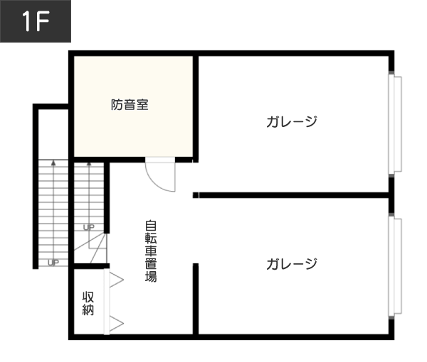 【30坪台】外から直接入れる防音室がある間取り 1F