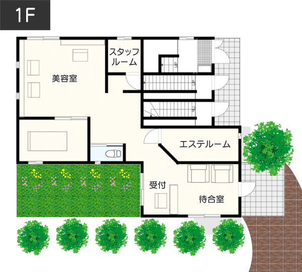 サロン・美容室の店舗兼住宅間取り例 1F