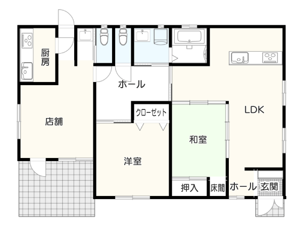 平屋建ての店舗兼住宅間取り例