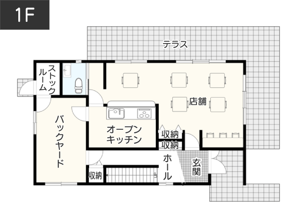 三階建て住宅の店舗兼住宅間取り例 1F