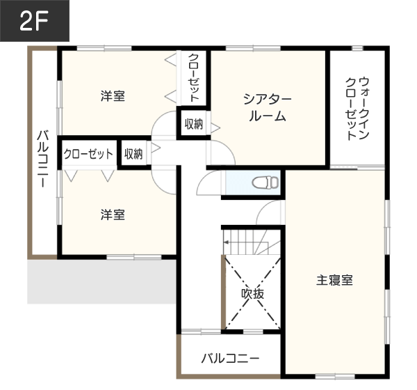 【44坪】カーペットが敷かれた寝転がれるシアタールームのある間取り 2F