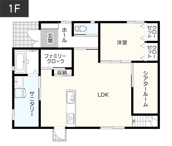 【39坪】窓がない階段下をシアタールームとして有効活用した間取り 1F