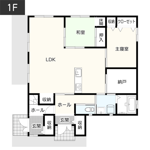 【55坪台】二世帯住宅でお互いのプライバシーに配慮した間取り 1F