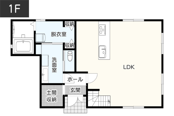 【2LDK】料理を作りながら子どもの様子が見える！対面キッチンありの間取り例　間取り図　1階