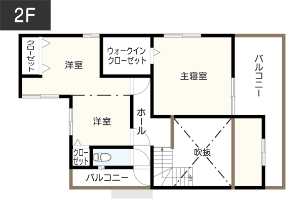 【2LDK】料理を作りながら子どもの様子が見える！対面キッチンありの間取り例　間取り図　2階