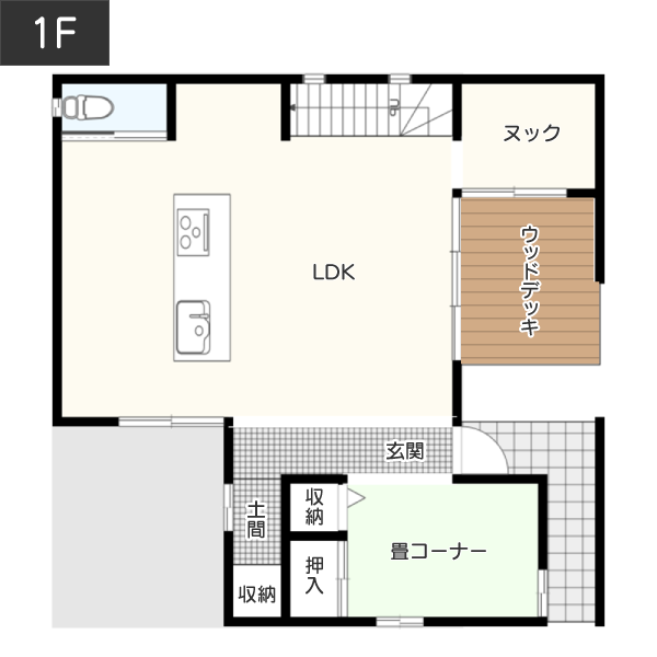 【3LDK】小上がりを活用して収納スペースを確保しつつ、間仕切りの少ない空間を実現した間取り例　間取り図　1階