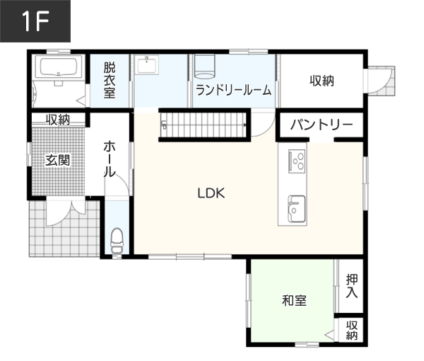 【4LDK】家事に充てる時間を短縮！ランドリールーム設置で効率重視の間取り例　間取り図　1階