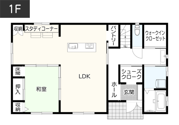 【3LDK】リビングから子どもが勉強している姿が見える！間取り例　間取り図　1階