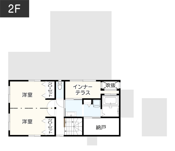 【46坪】インナーテラスで露天気分が味わえる浴室がある間取り例 2F