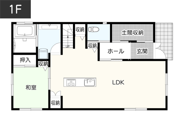 【36坪】子供と一緒にのびのび楽しめるお風呂がある間取り例 1F