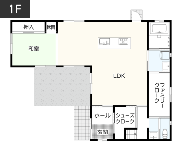 【41坪】浴室への動線を確保し衛生面にも気を配った間取り例 1F