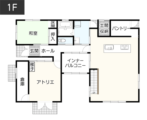 【54坪】コの字型で光と風を各部屋に呼び込む間取り例 1F