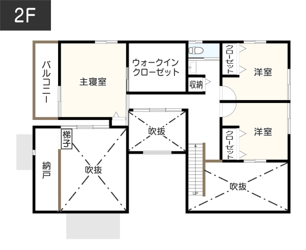 【54坪】コの字型で光と風を各部屋に呼び込む間取り例 2F