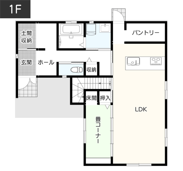 【38坪】吹き抜け＋高窓で光と風通しをよくした間取り例 1F